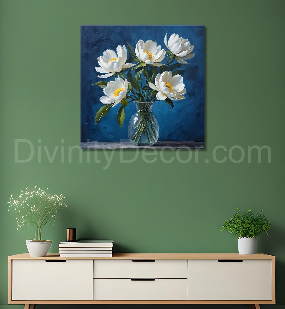 White flowers in navy blue textured painting - Flower-S-221