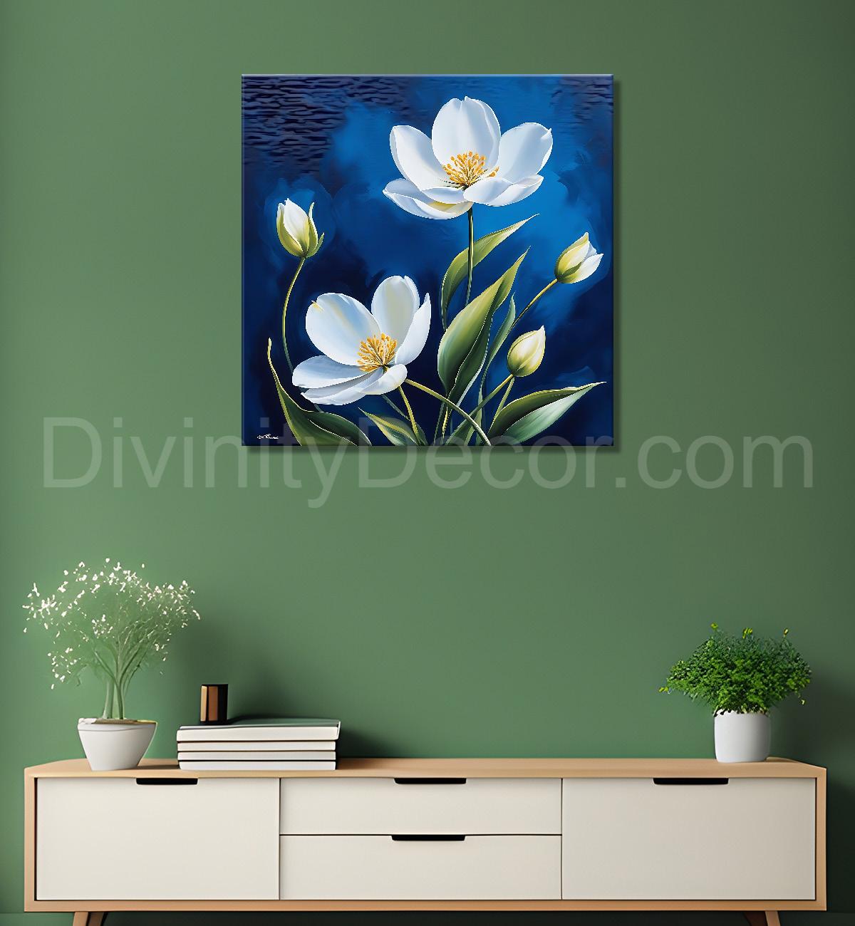 White flowers in navy blue textured painting - Flower-S-222