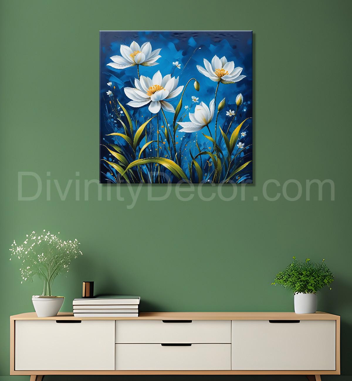 White flowers in navy blue textured painting  - Flower-S-223