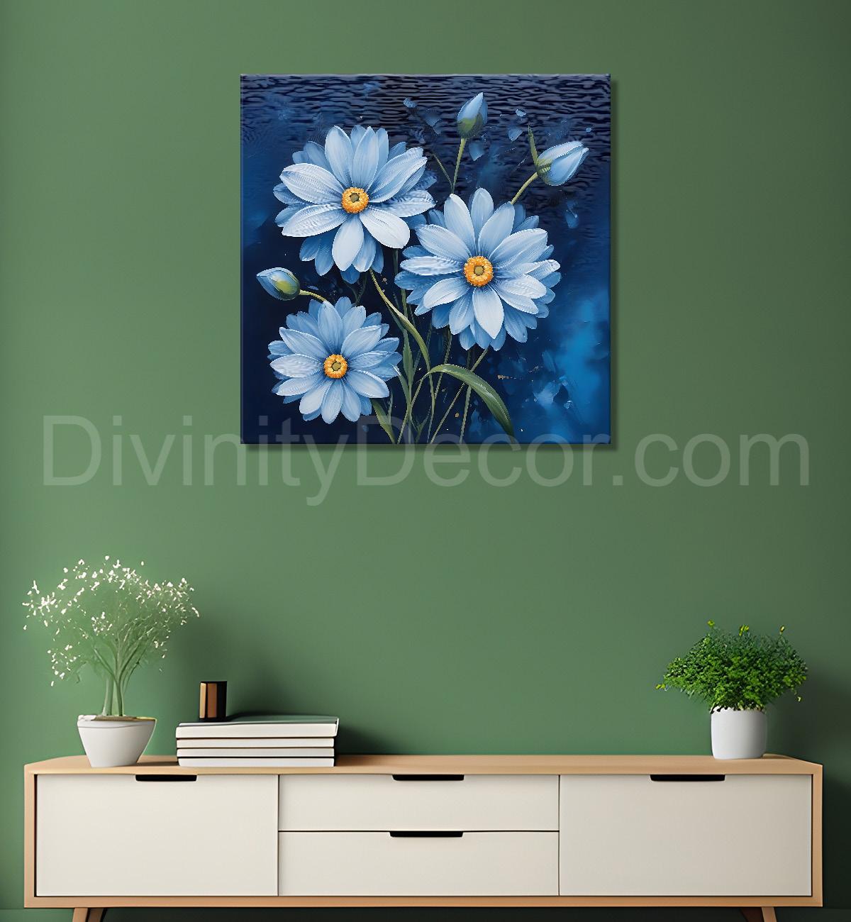 White flowers in navy blue textured painting - Flower-S-224