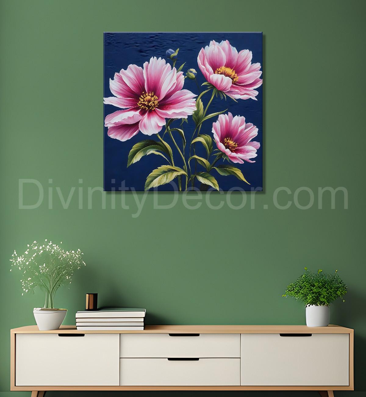 Pink flowers in navy blue textured painting - Flower-S-225