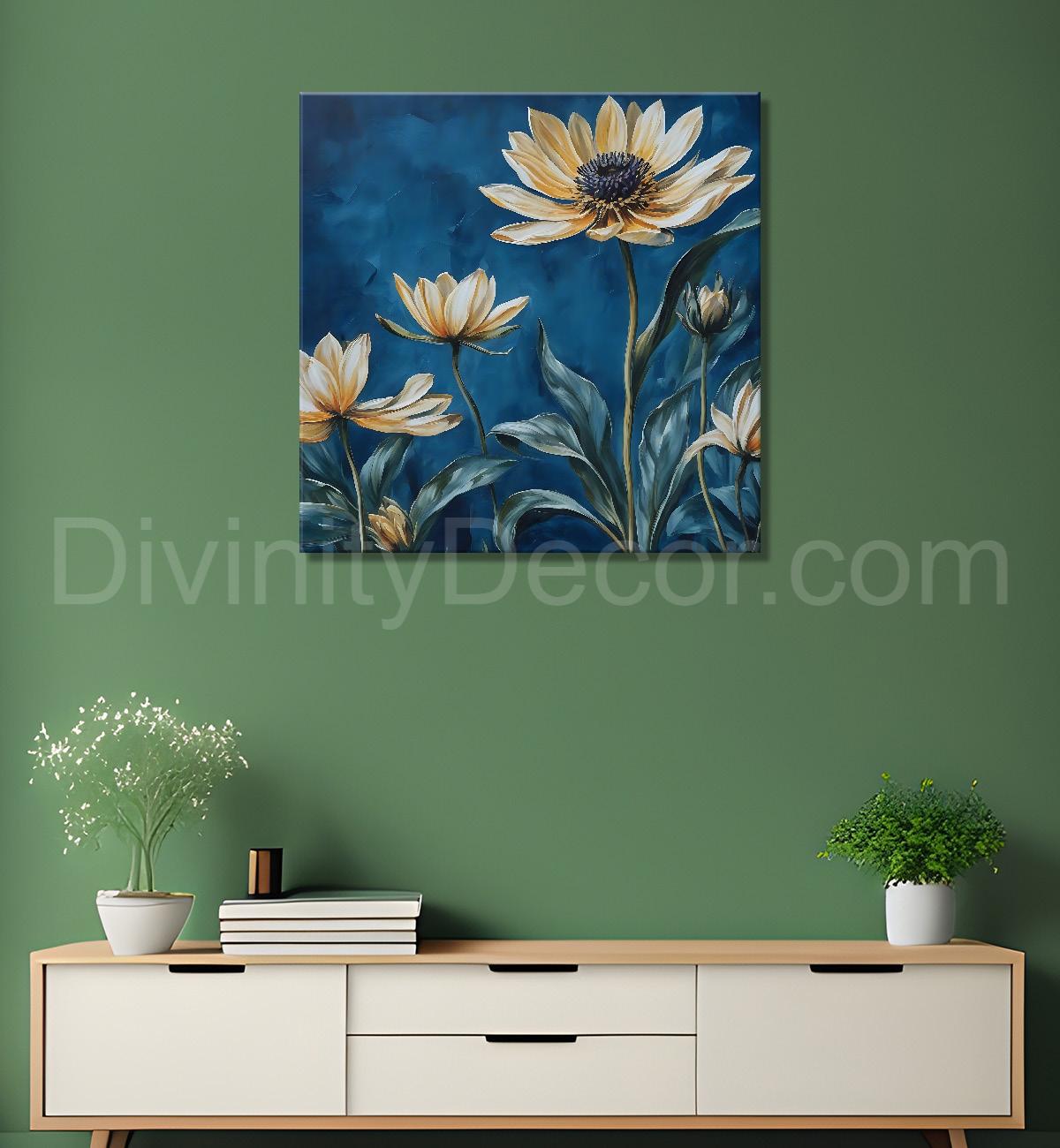 Yellow flowers in navy blue textured painting - Flower-S-226