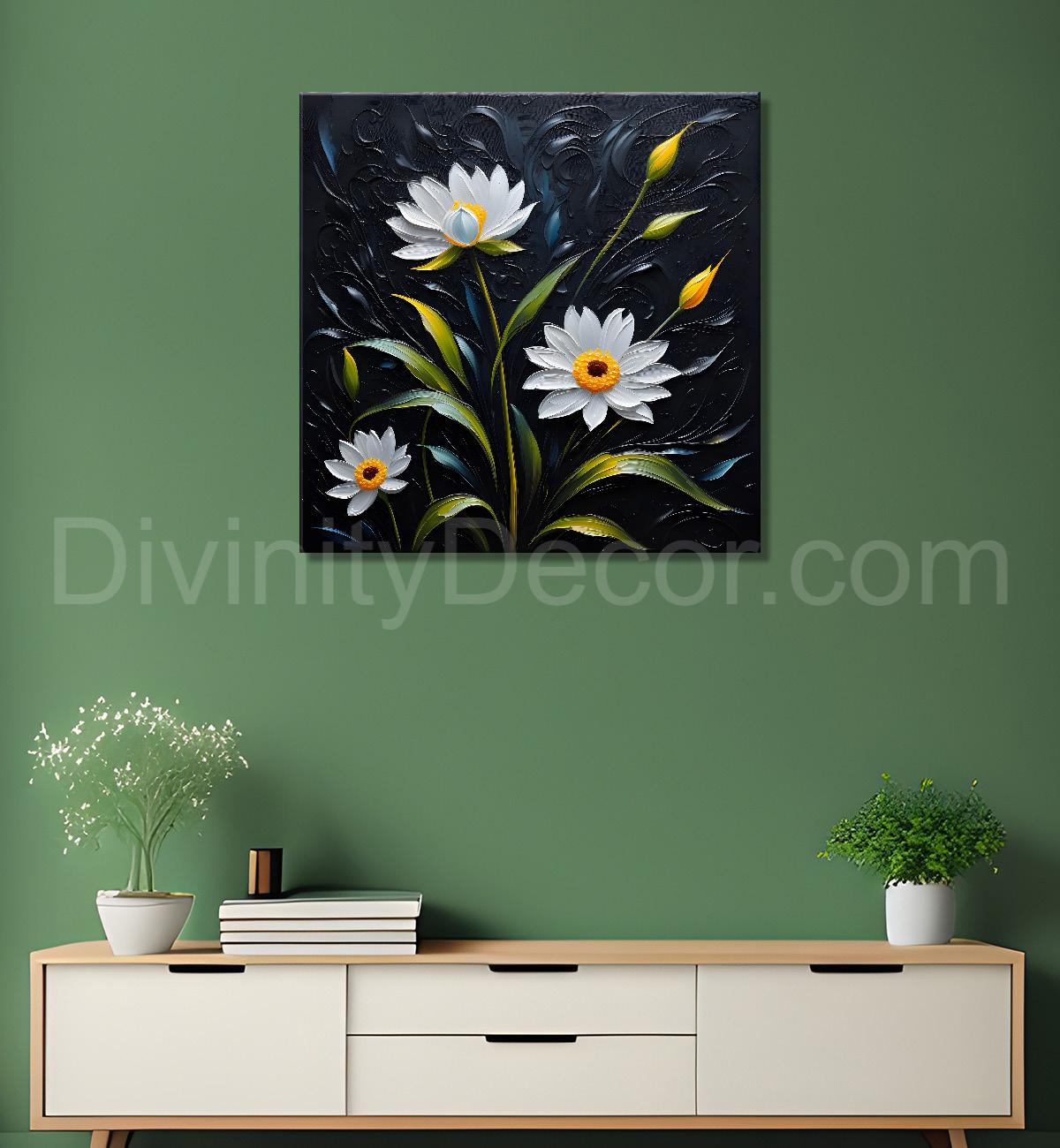 White flowers in navy blue textured painting - Flower-S-227