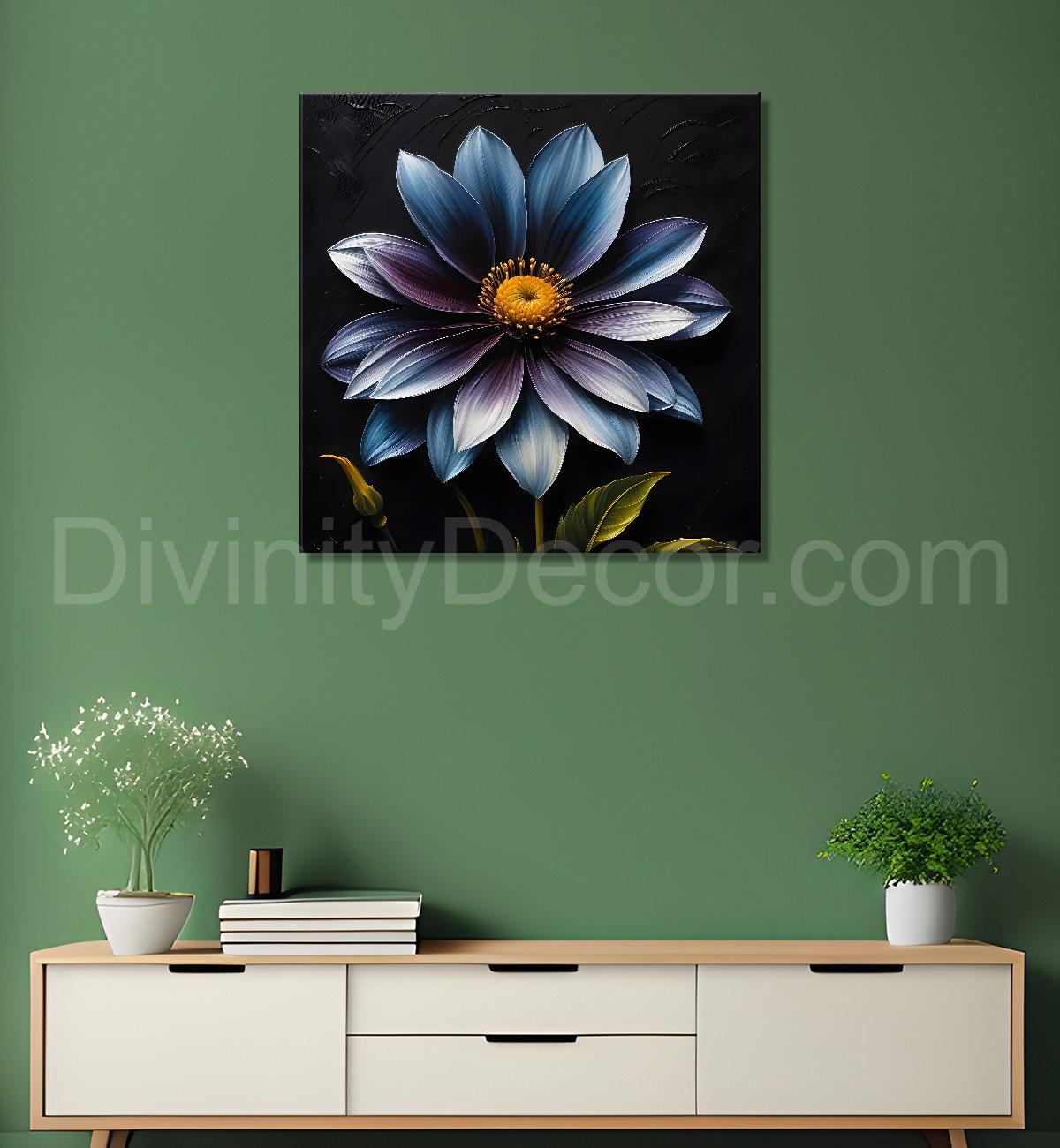 Blue flowers in navy blue textured painting - Flower-S-229