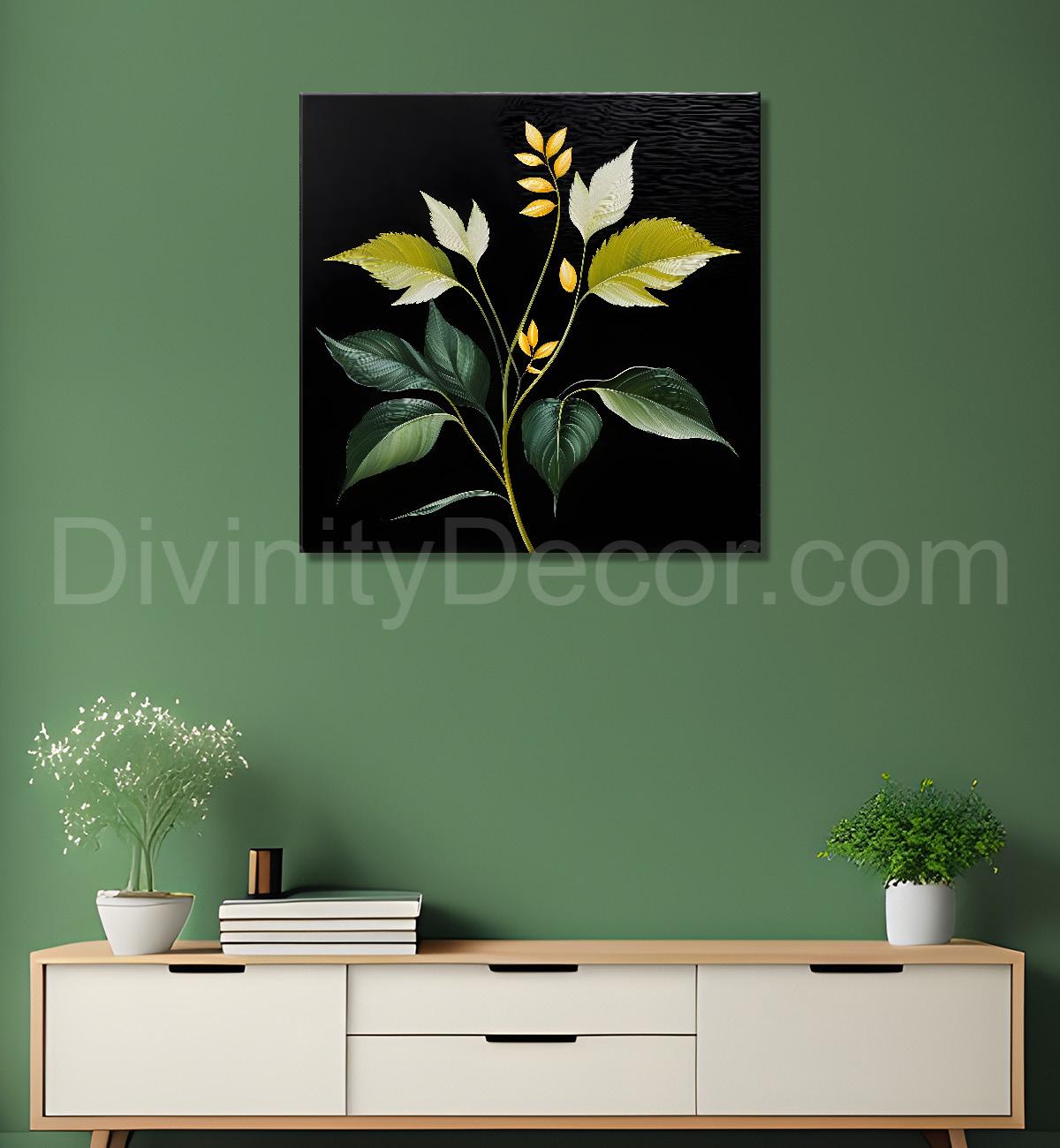 Yellow leaves in black background painting - Flower-S-259