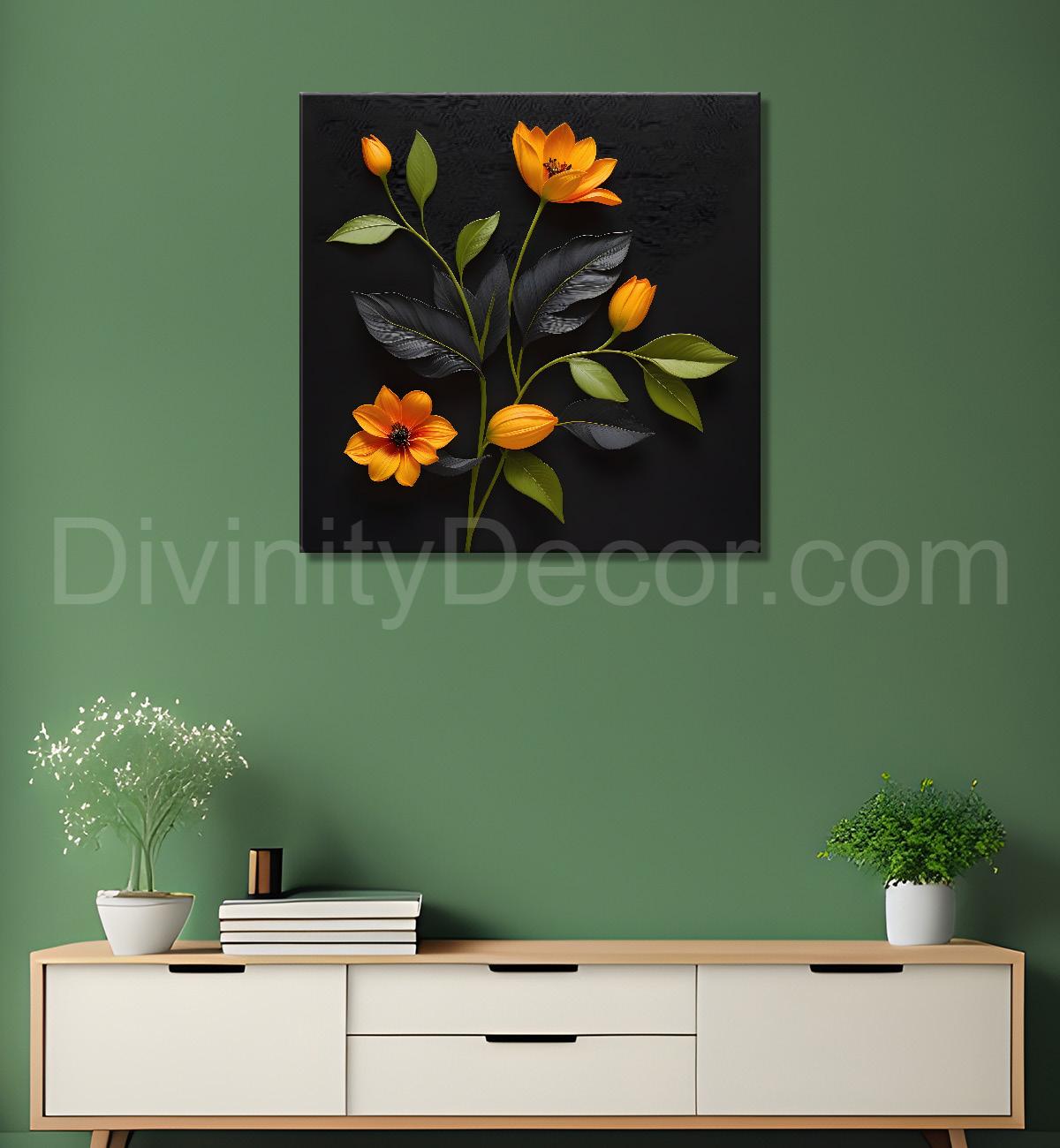 Yellow flowers in black background painting - Flower-S-265