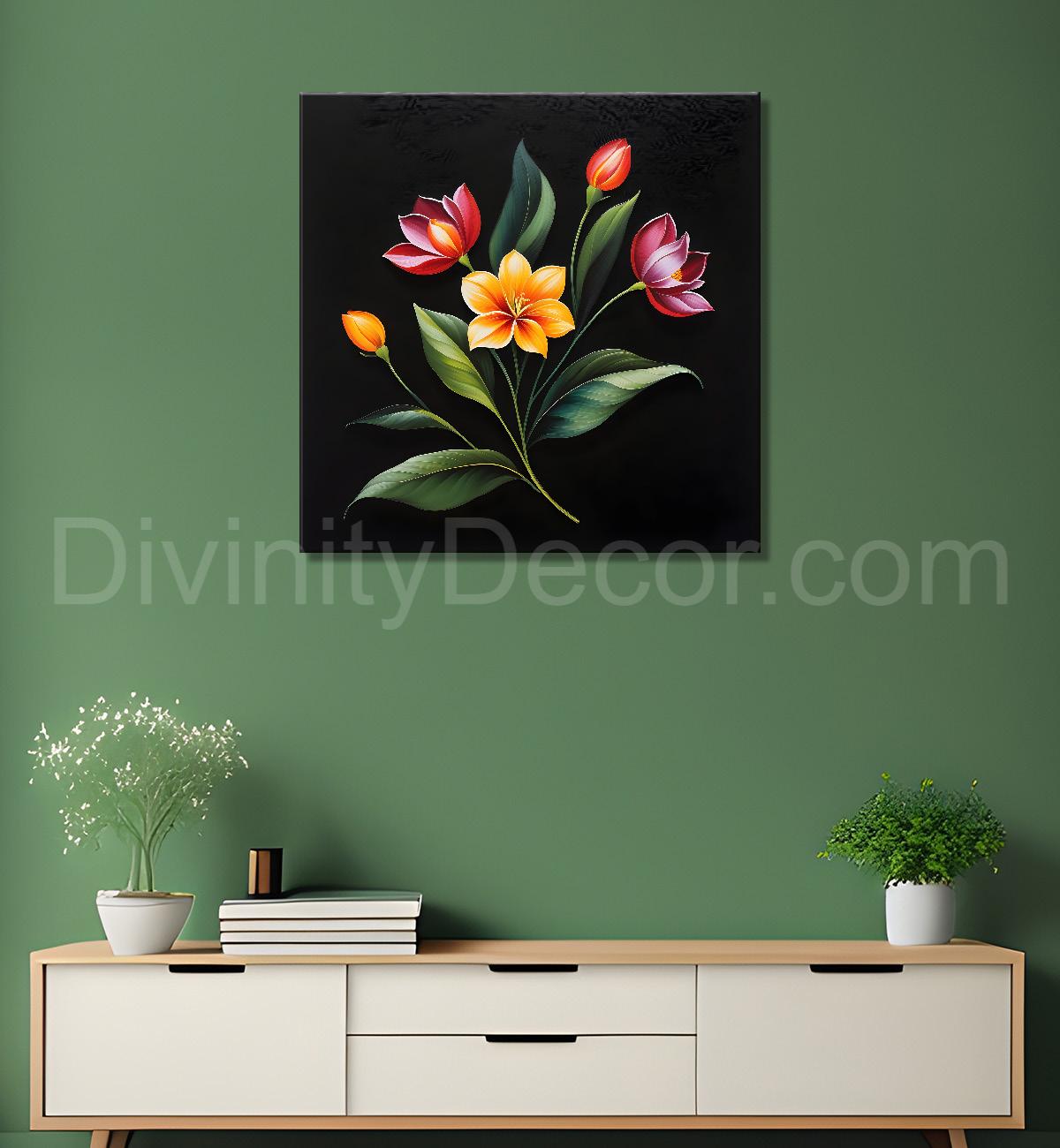 Colourful flowers in black background painting - Flower-S-267