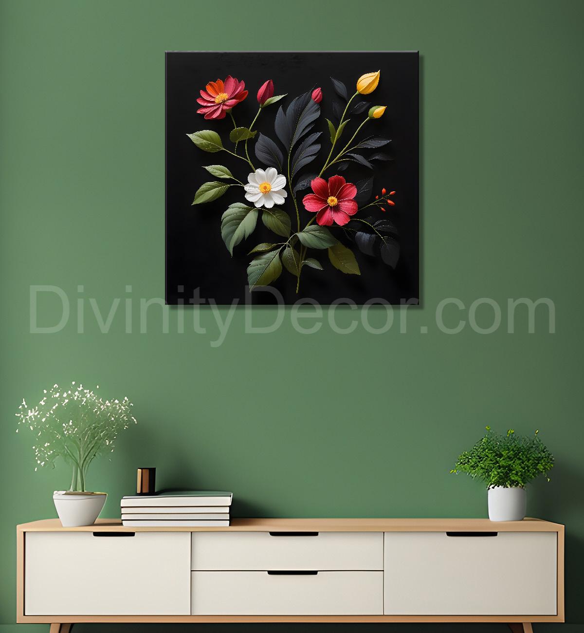 Colourful flowers in black background  painting - Flower-S-269