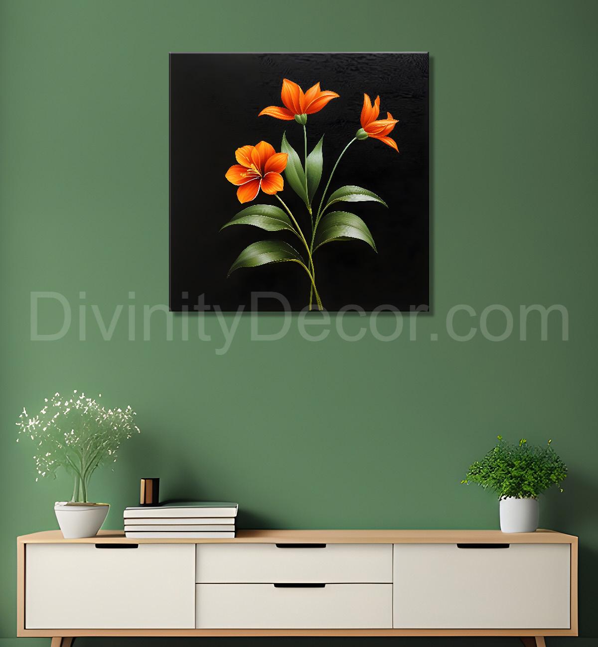 Orange flowers in black background painting - Flower-S-270