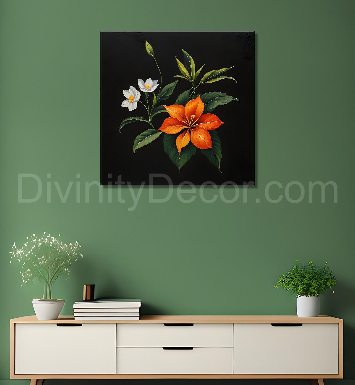 Orange flowers in black background painting - Flower-S-271