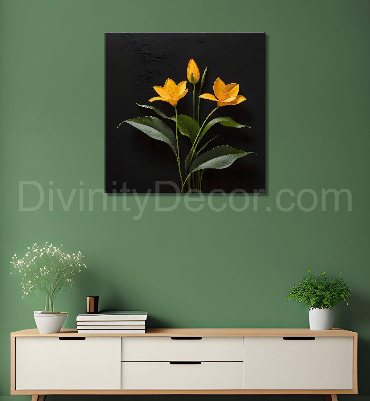 Yellow flowers in black background painting - Flower-S-272