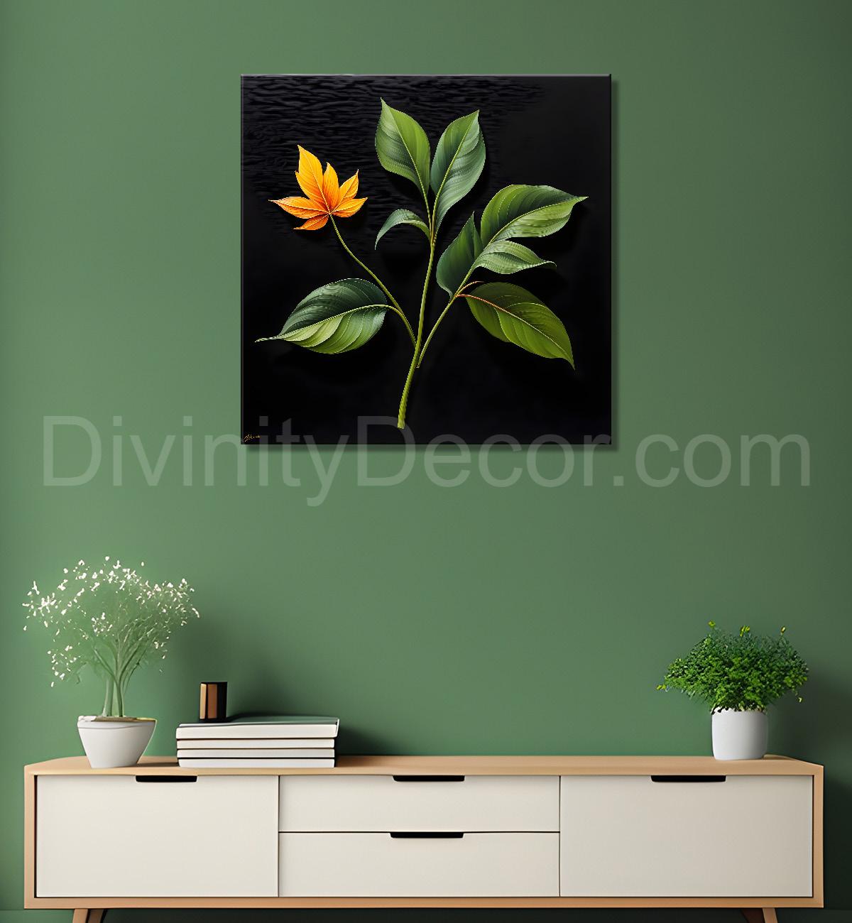 Yellow leaf in black background painting - Flower-S-274