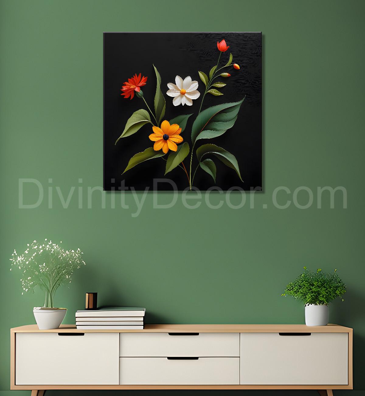 Colourful flowers in black background painting - Flower-S-277