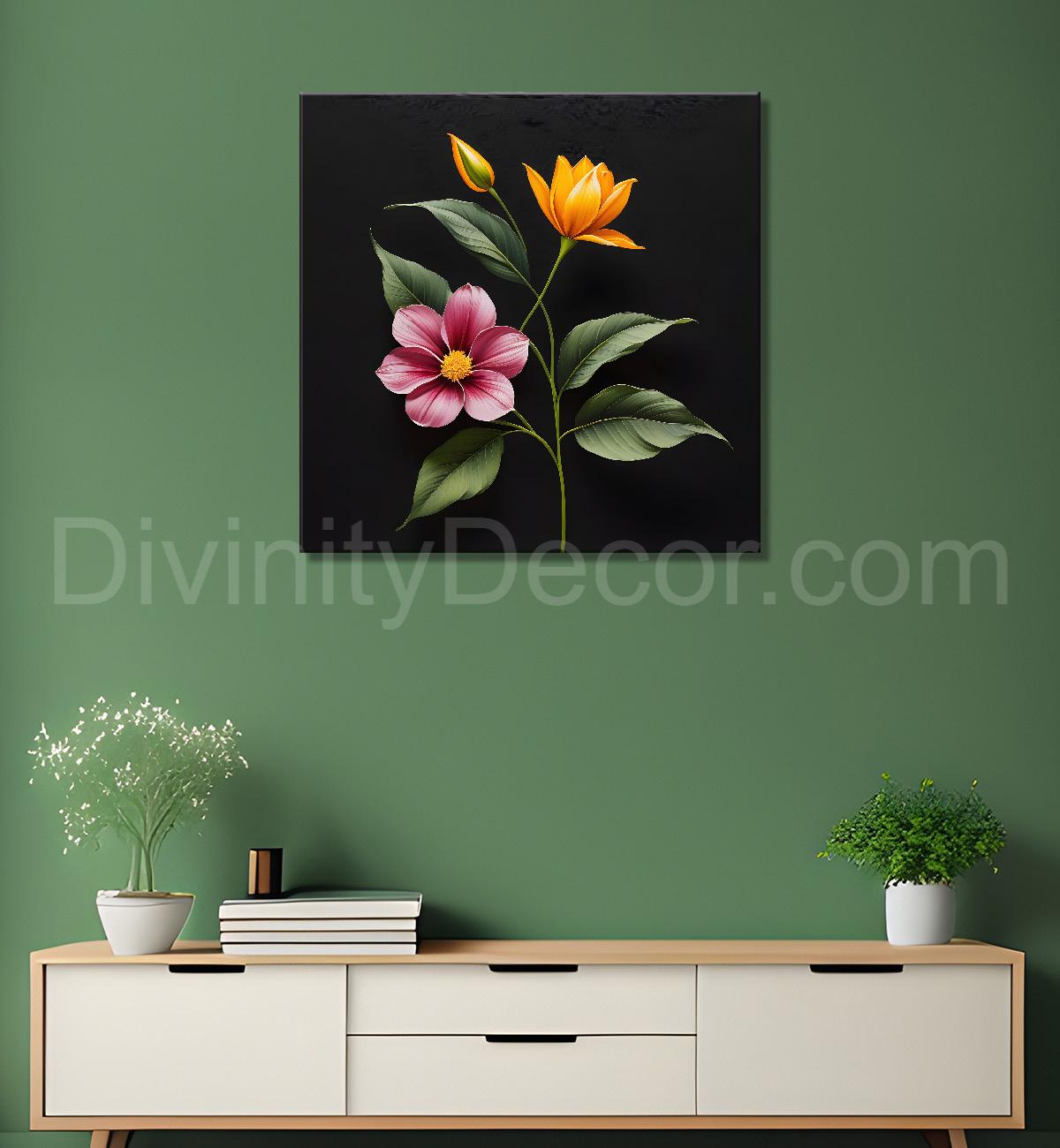 Colourful flowers in black background painting - Flower-S-278