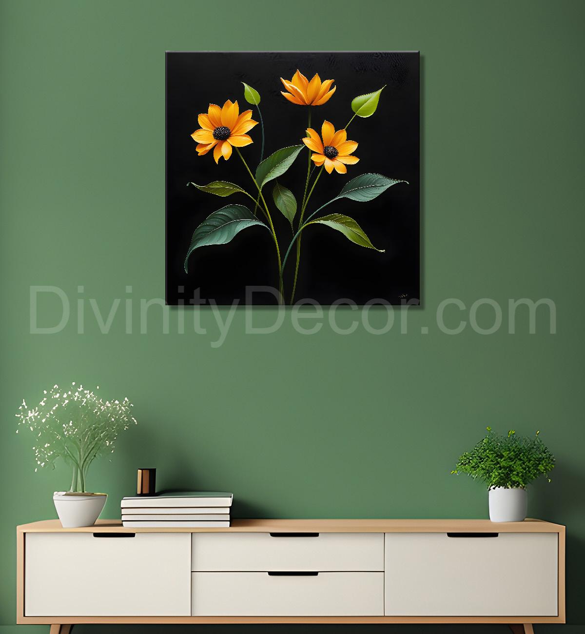 Yellow flowers in black background painting - Flower-S-279