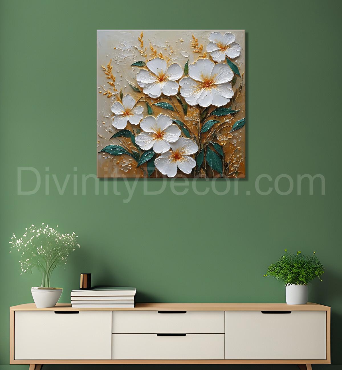 White flowers in light brown background painting - Flower-S-292