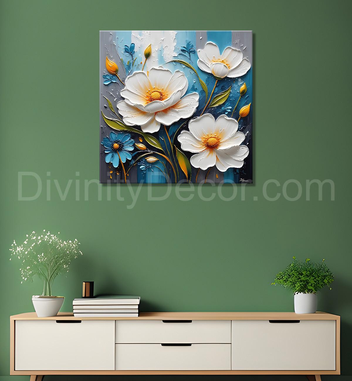 White flowers in light brown background painting - Flower-S-293