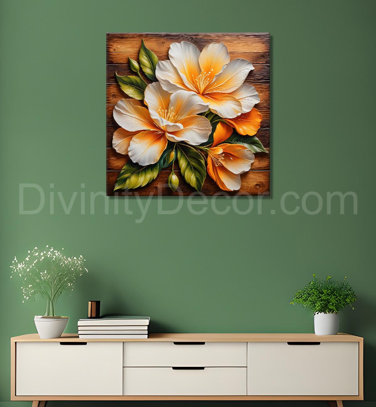 White flower in brown background painting - Flower-S-300