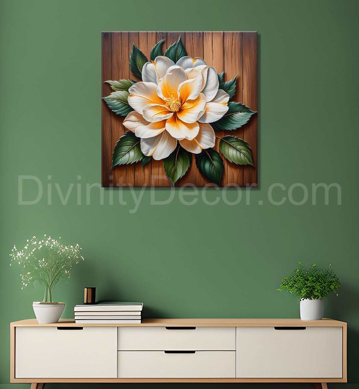 White flower in brown background painting - Flower-S-304