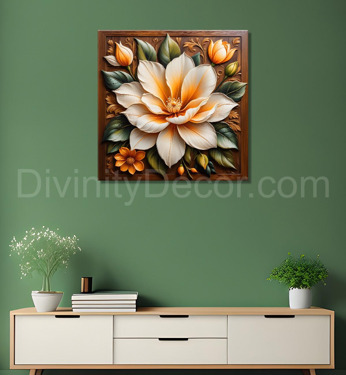 White flower in brown background painting  - Flower-S-308