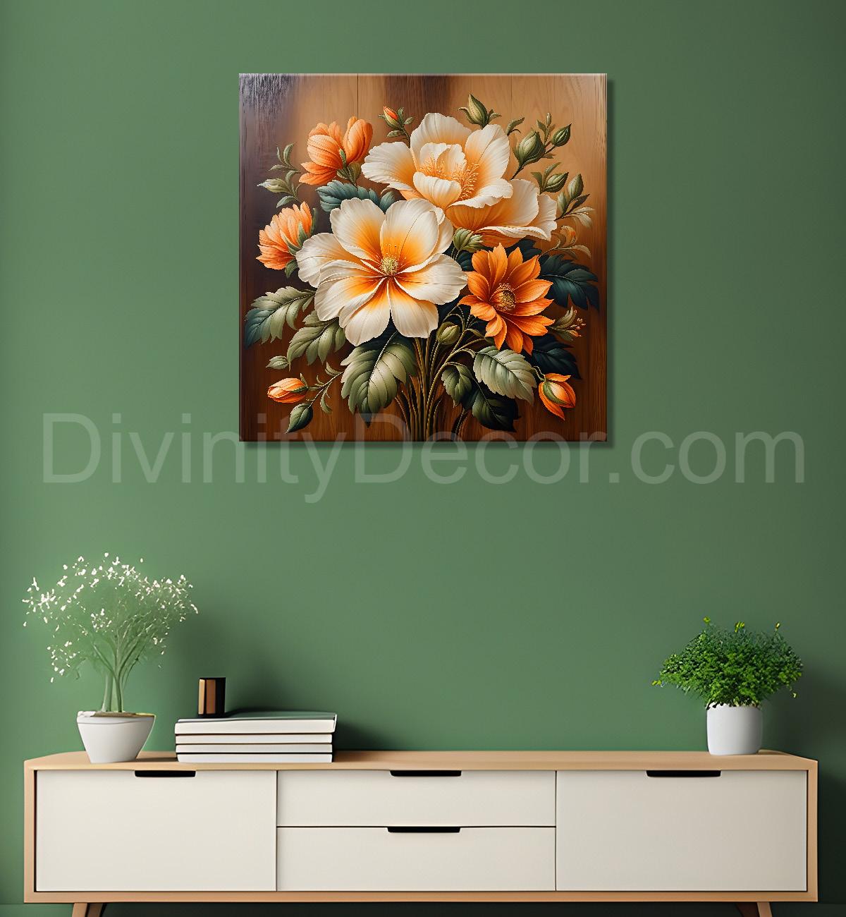 White and orange flower in brown background painting - Flower-S-309