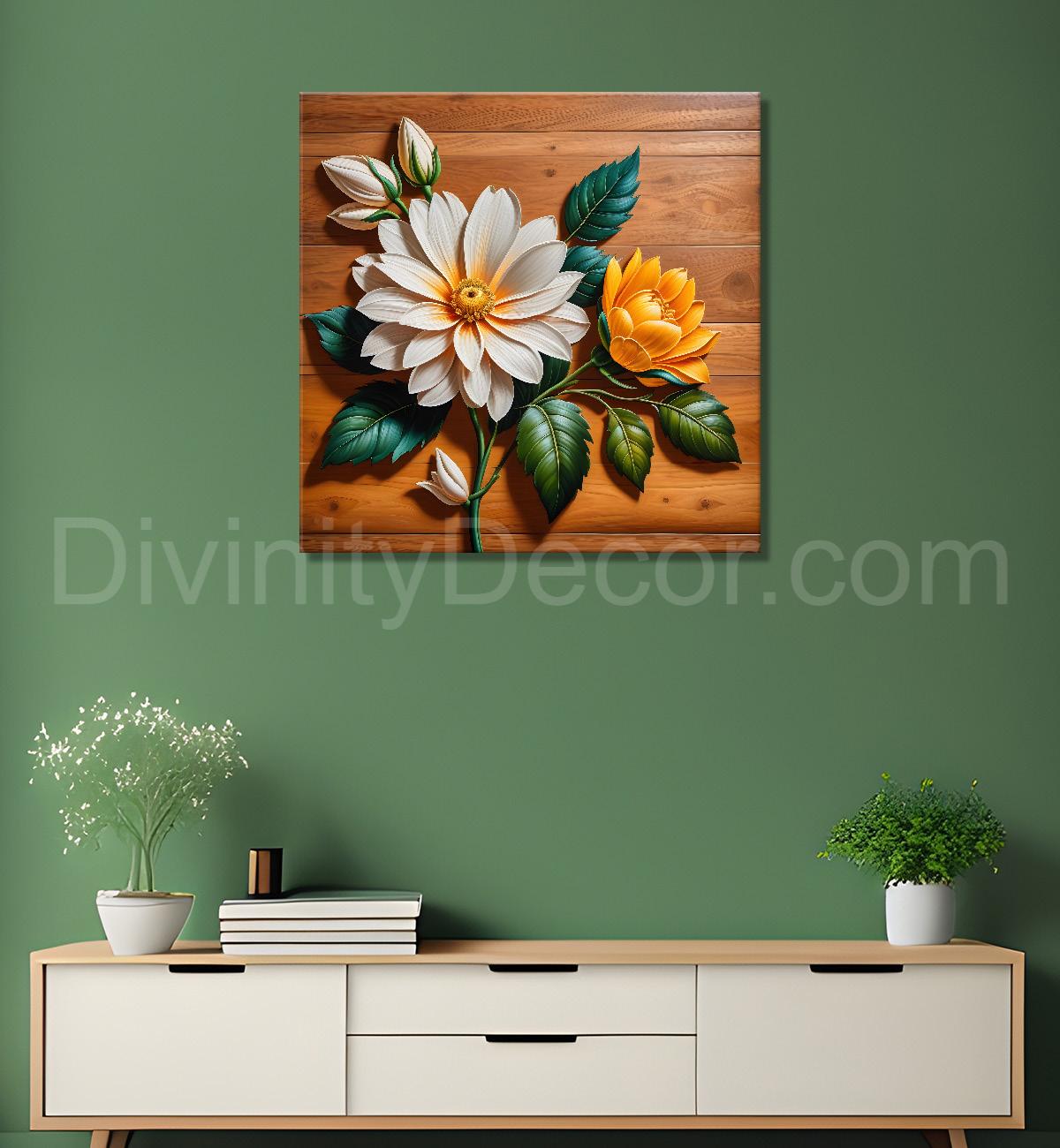 White and orange flower in brown background painting - Flower-S-310