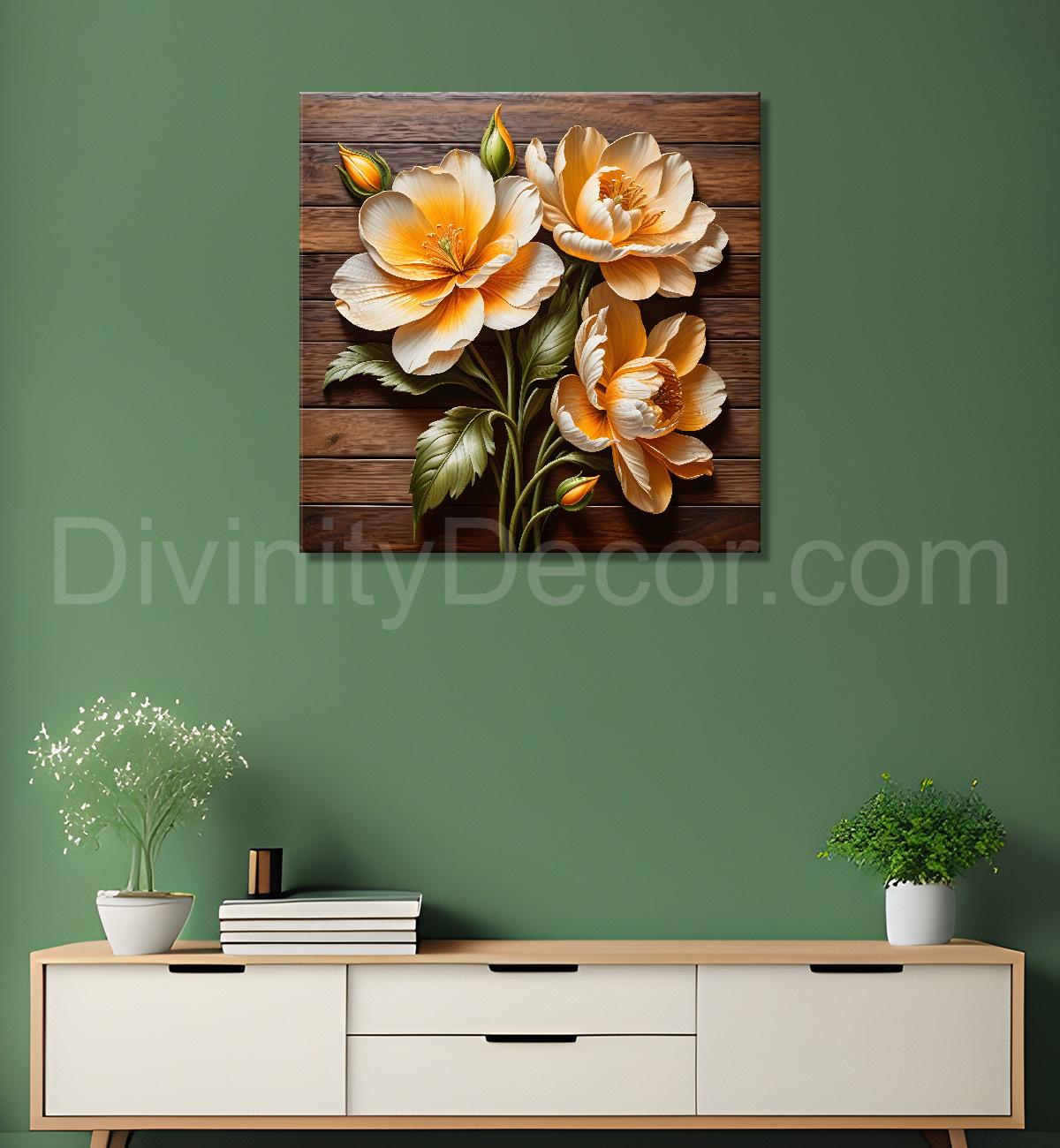 White and orange flower in brown background painting - Flower-S-311