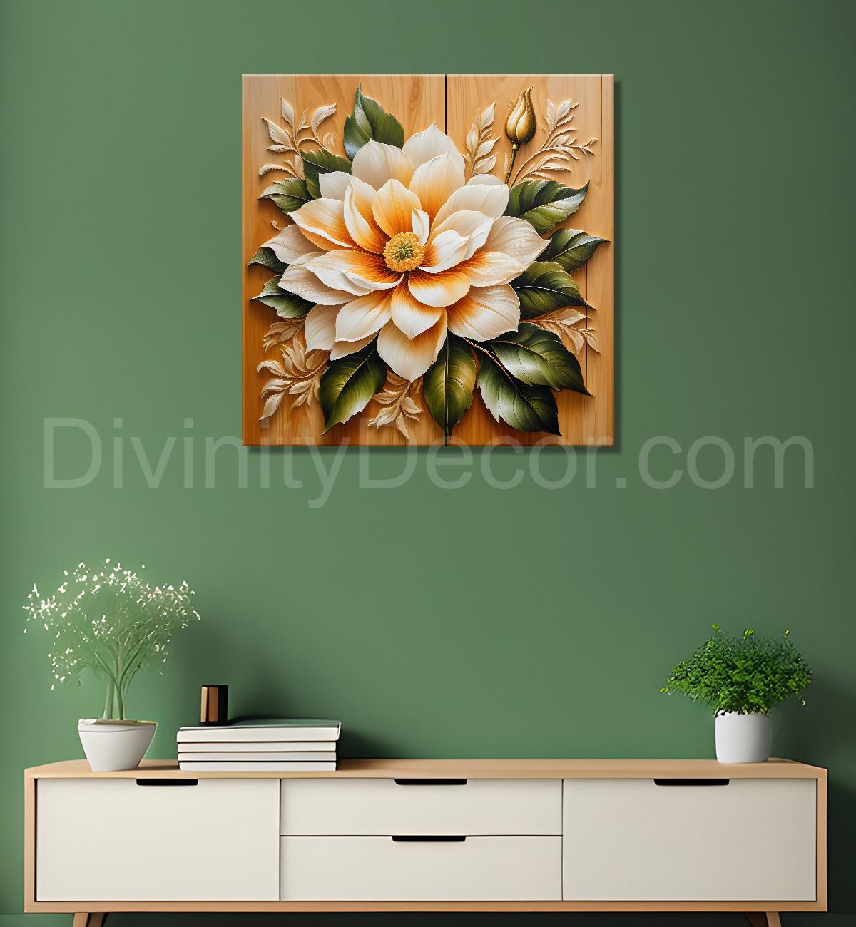 White flower in brown background painting - Flower-S-312