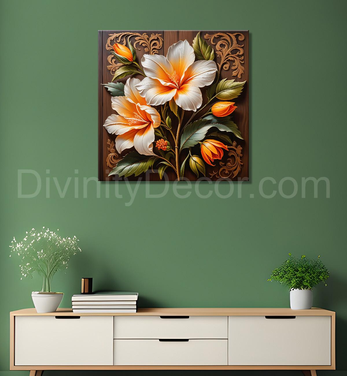 White flower in brown background painting - Flower-S-314
