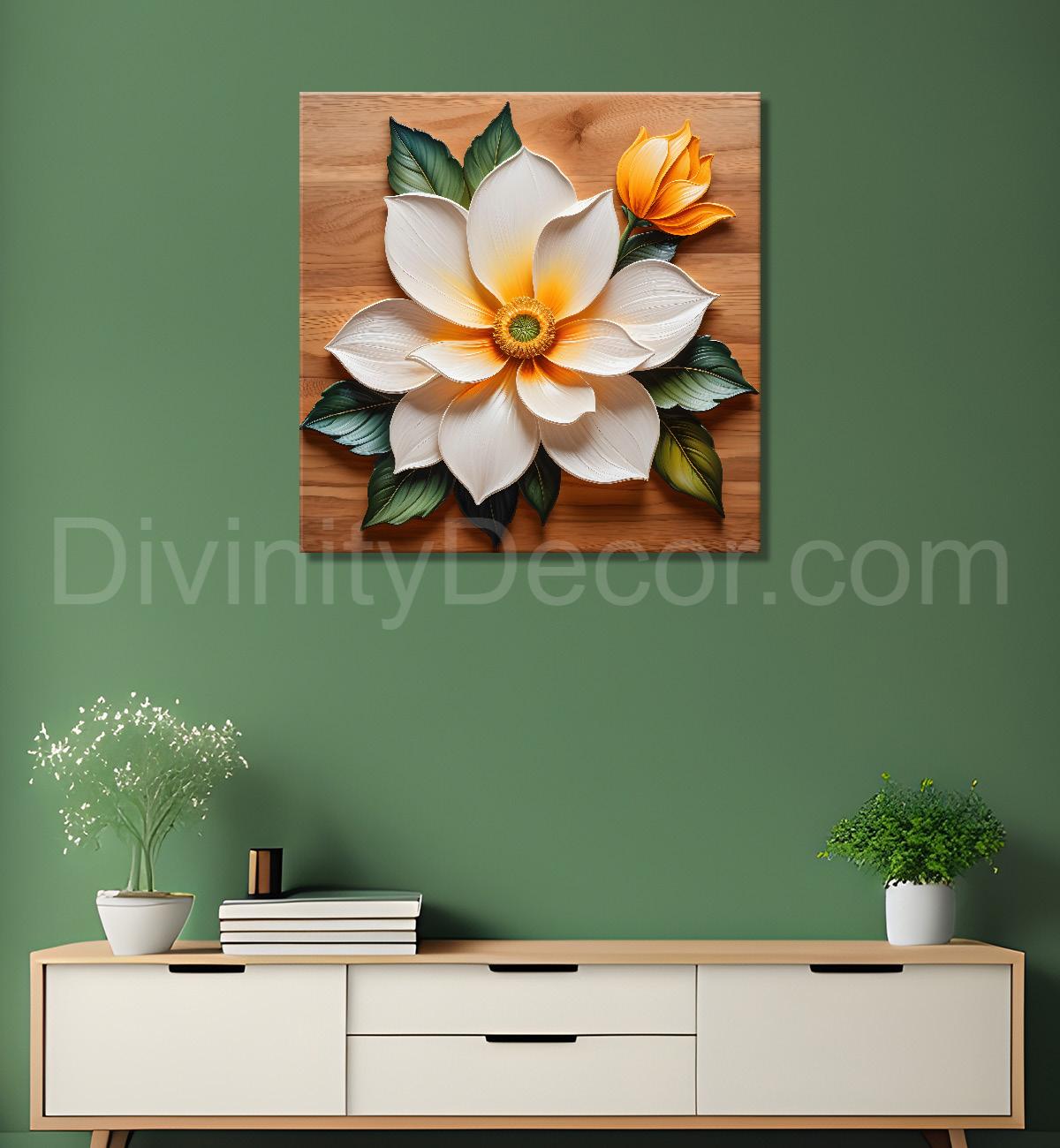 White flower in brown background painting  - Flower-S-316