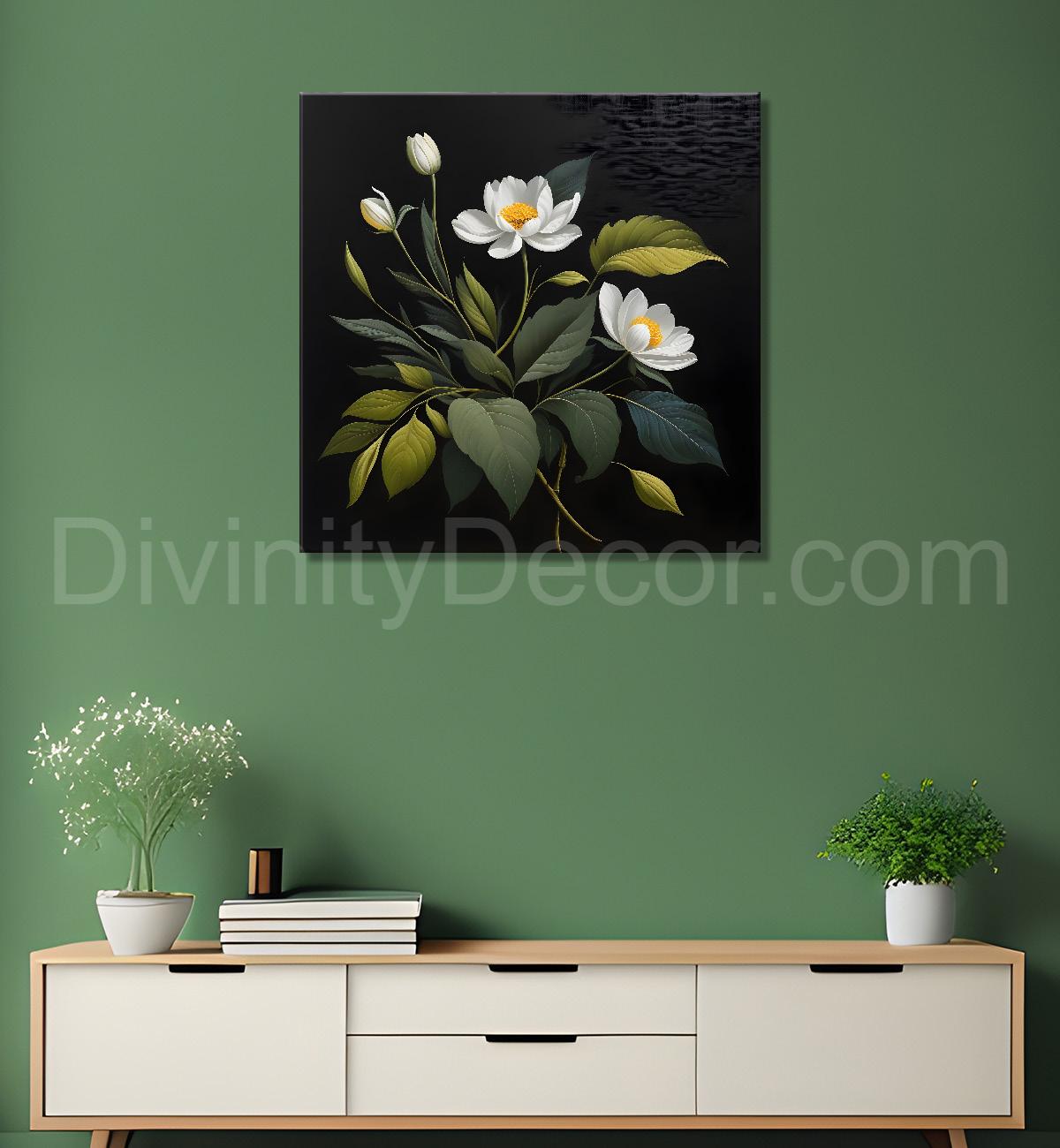 White flowers in black background painting- Flower-S-334