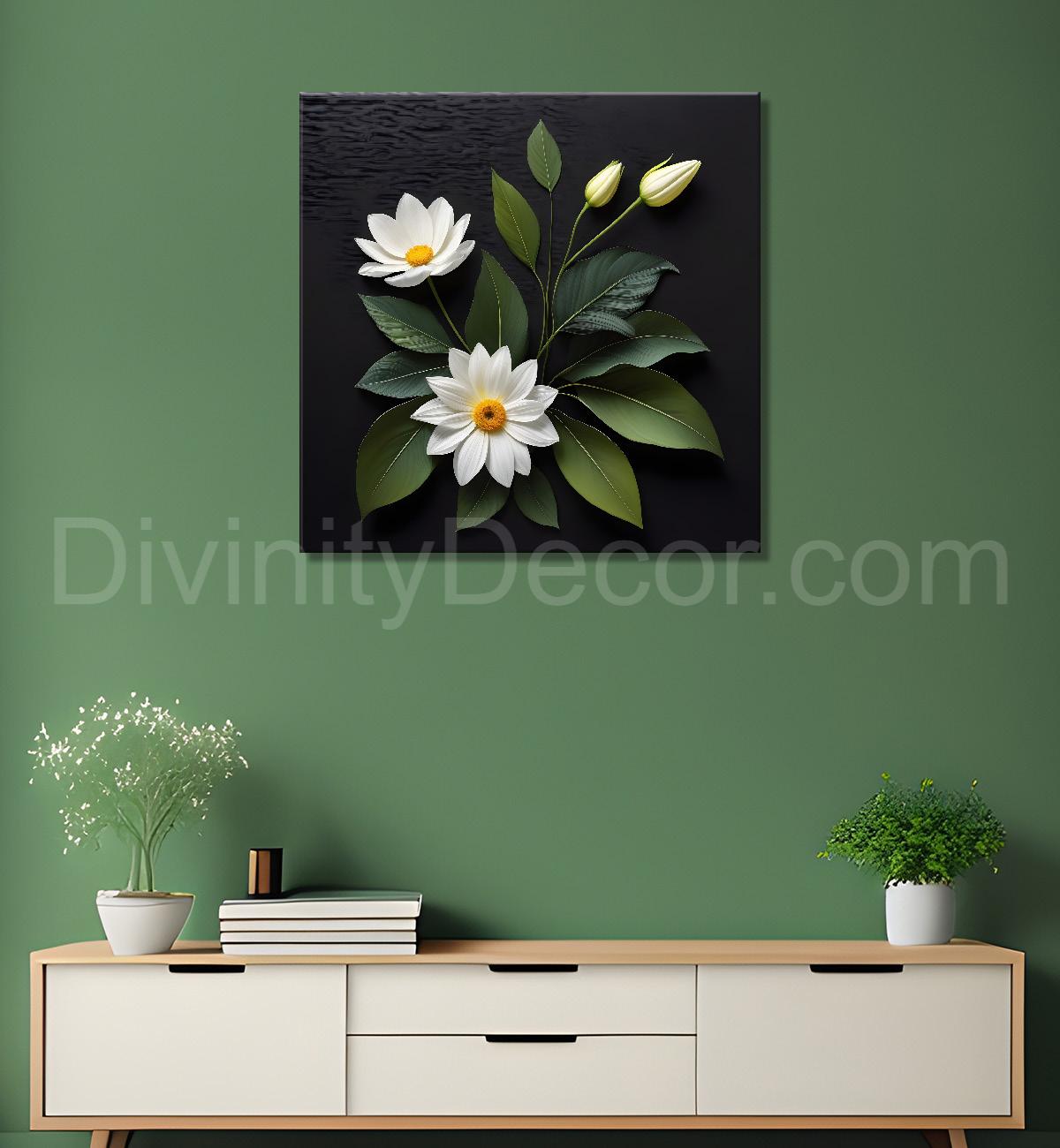White flowers in black background painting Flower-S-337