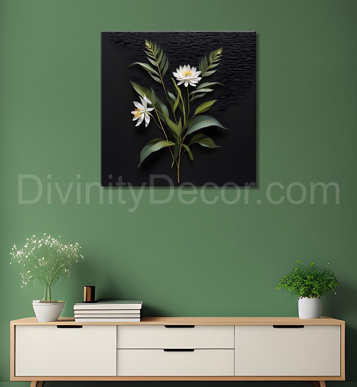 White flowers in black background painting Flower-S-339