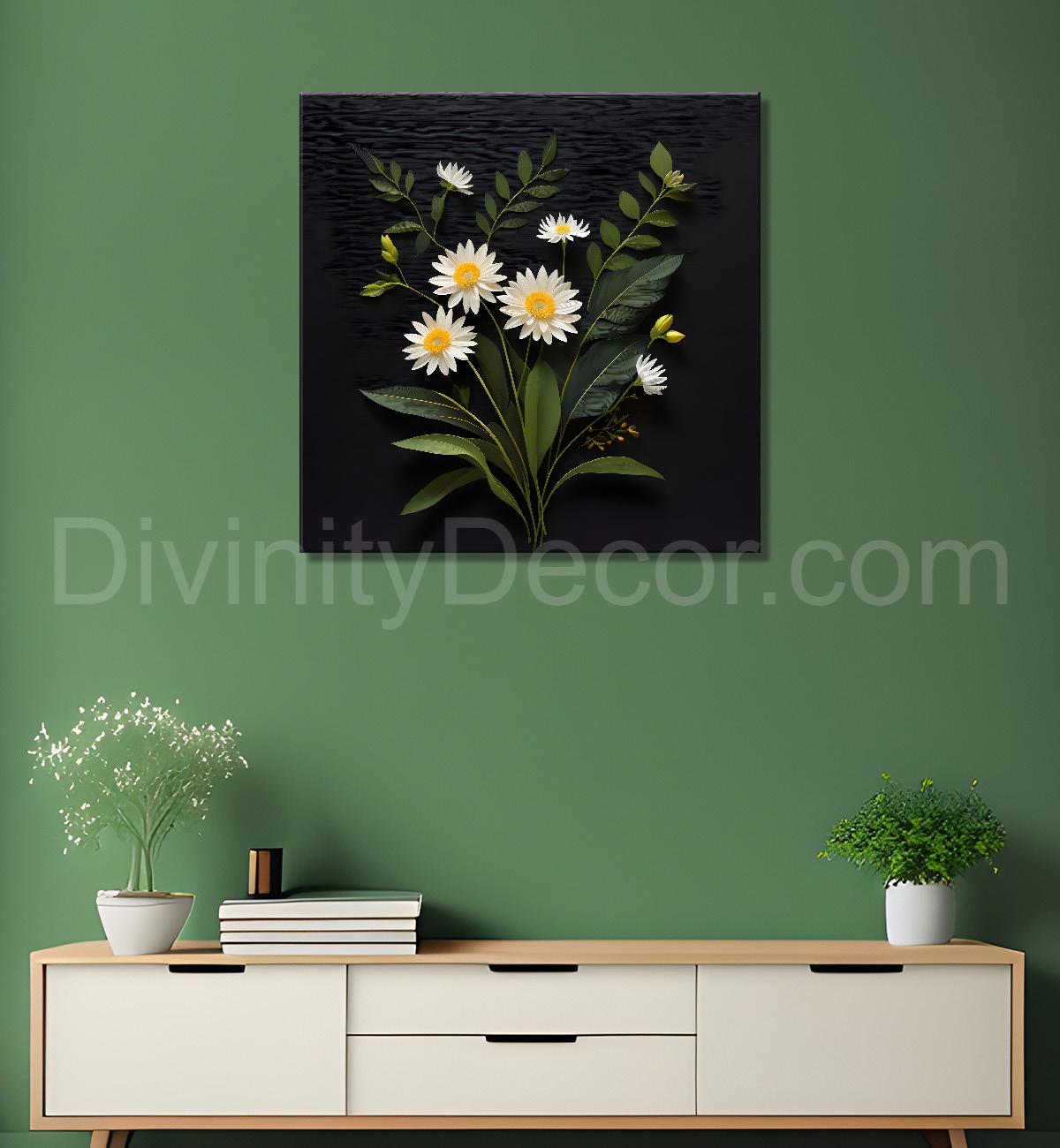 White flowers in black background painting Flower-S-342