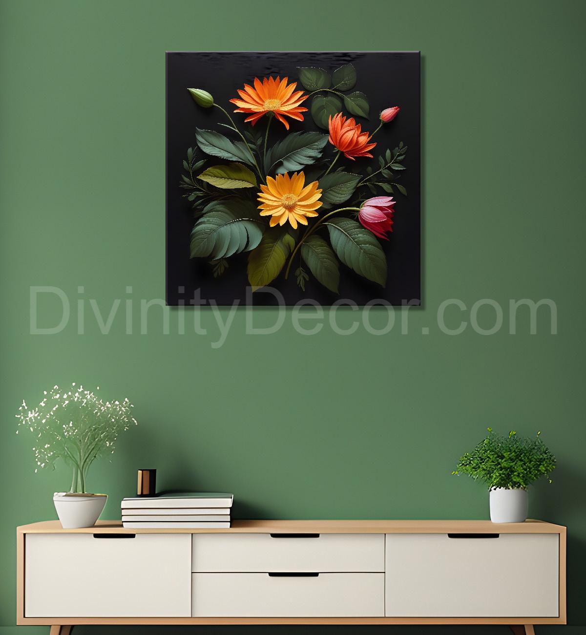 Colourful flowers in black background painting Flower-S-343