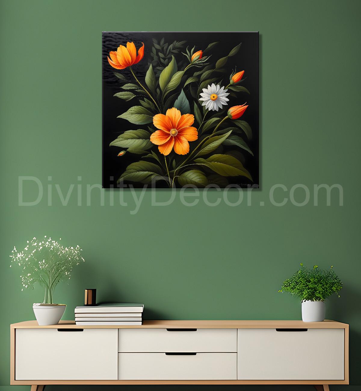 Orange flowers in black background painting Flower-S-347