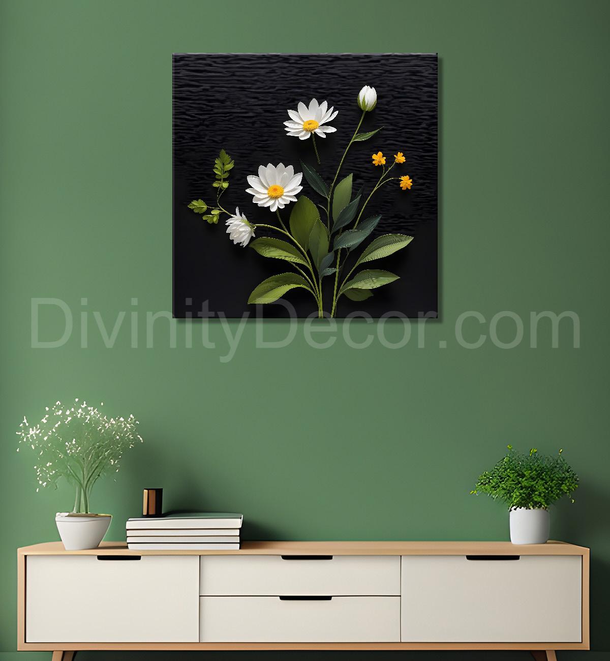 White flowers in black background painting Flower-S-348