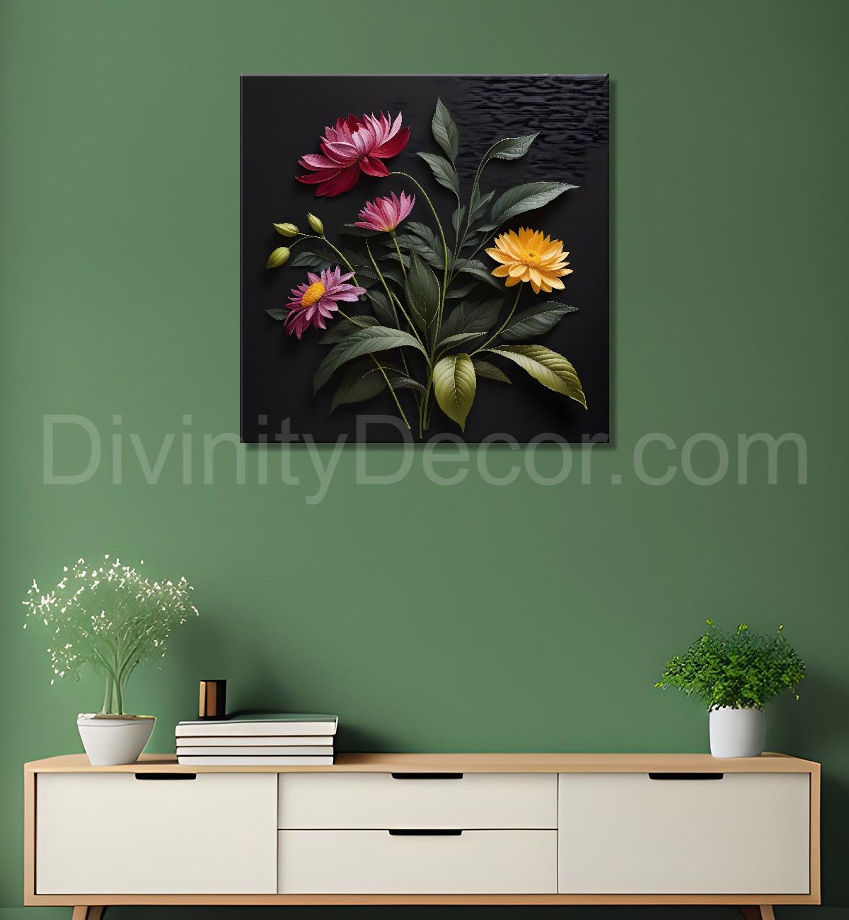 Purple flowers in black background painting Flower-S-349