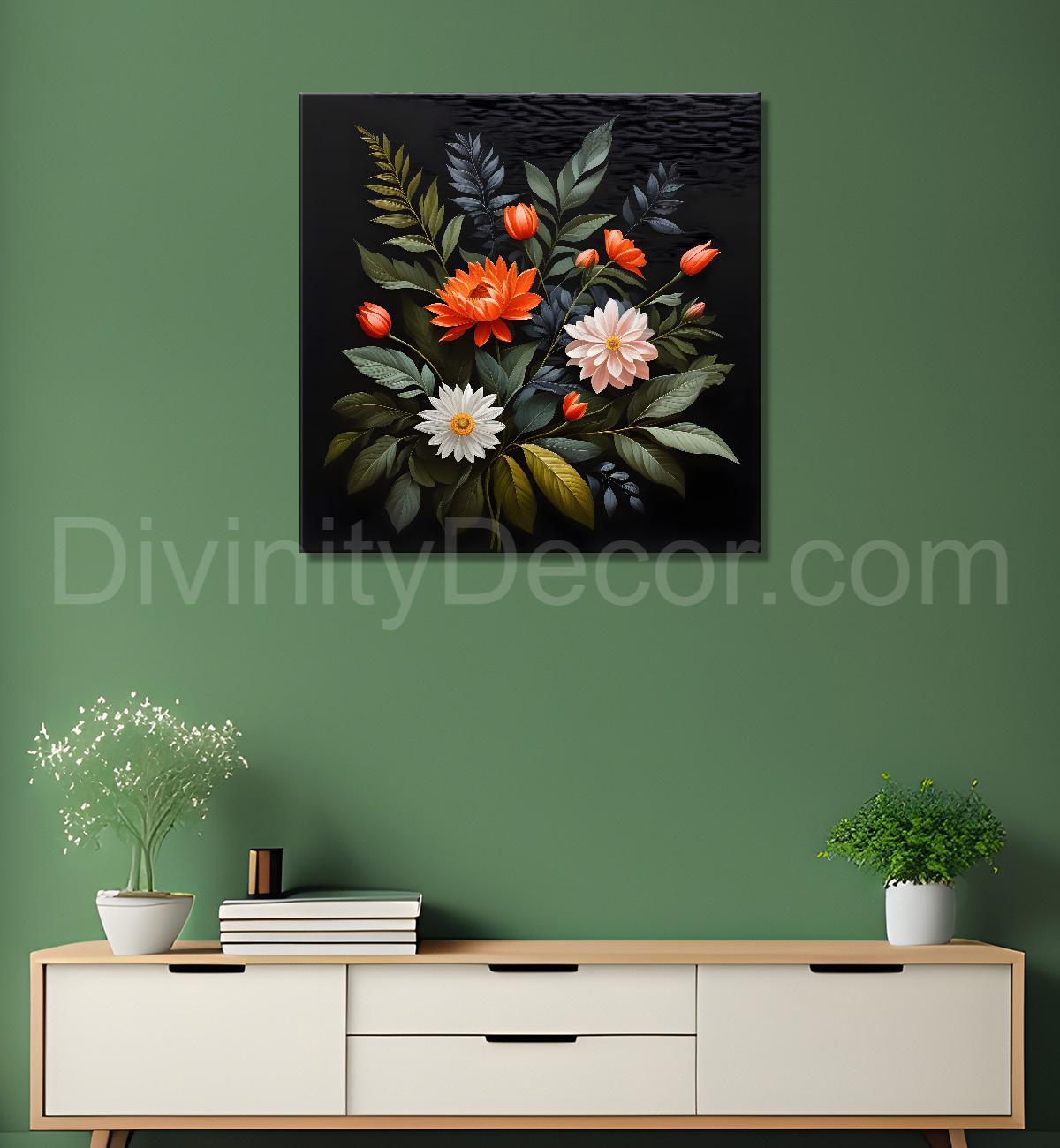 Colourful flowers in black background painting Flower-S-350