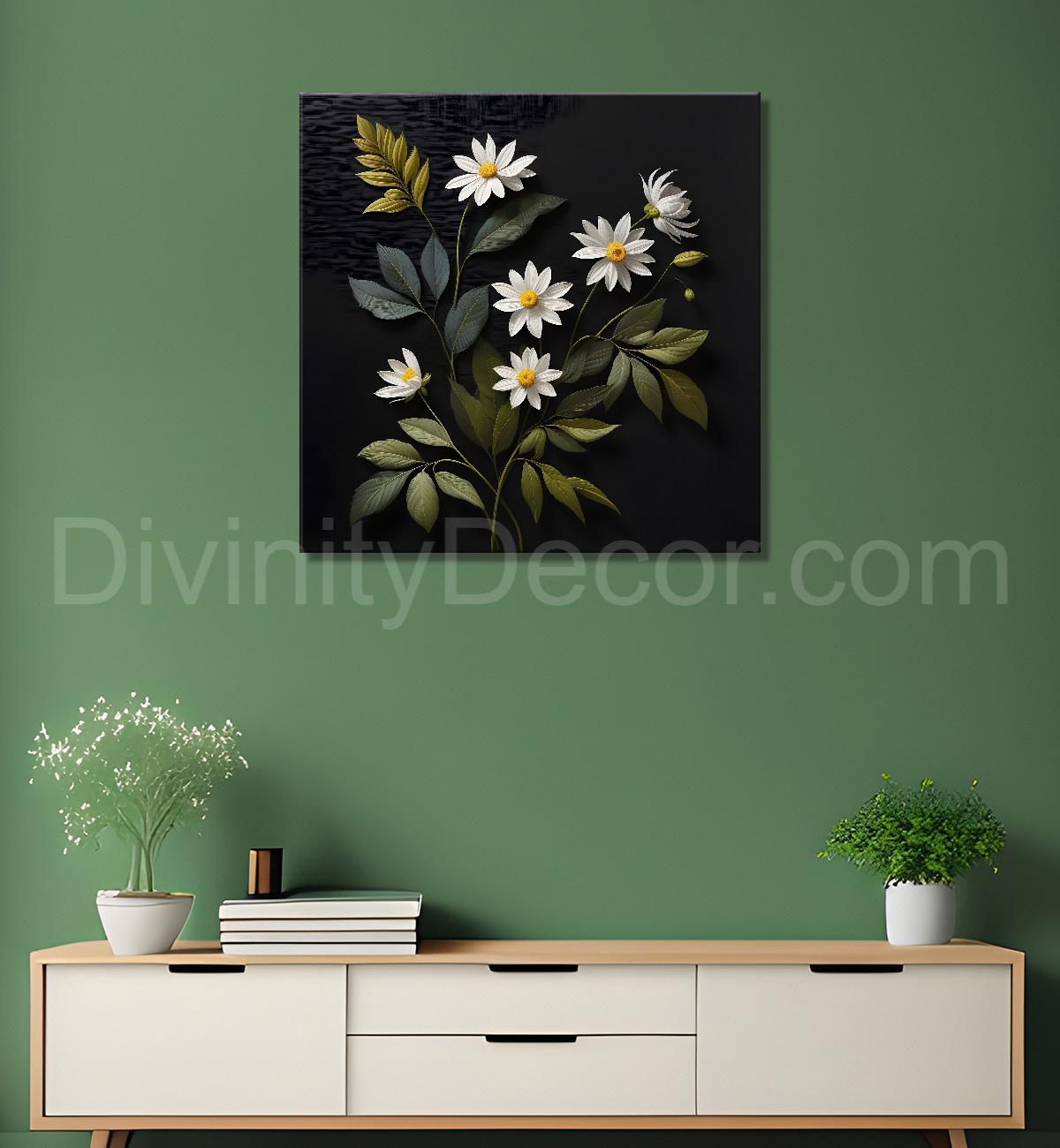 White flowers in black background painting Flower-S-351