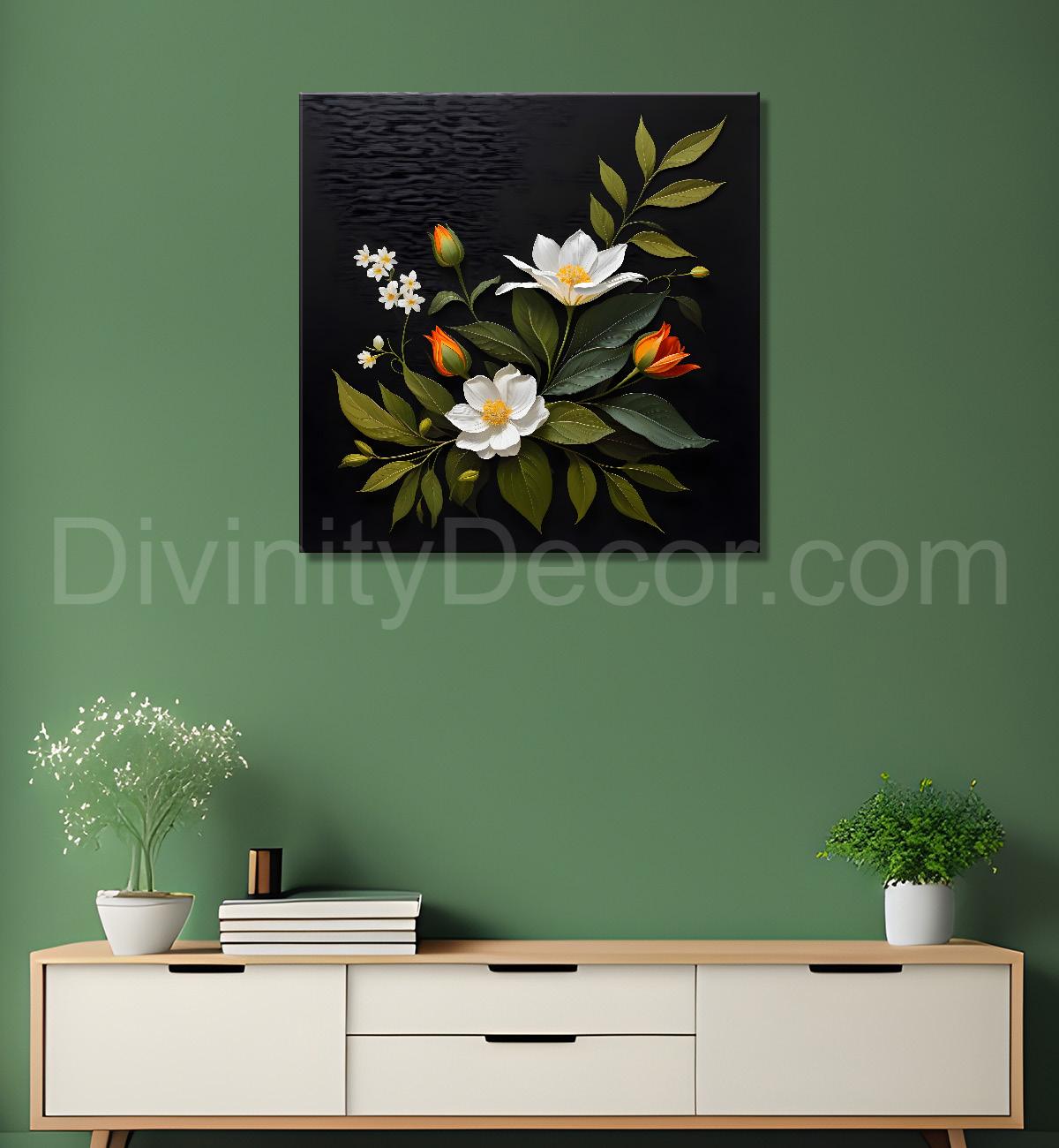 White flowers in black background painting Flower-S-352