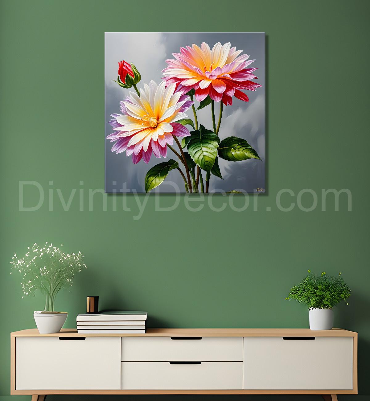 Pink flowers in grey textured painting    Flower-S-365