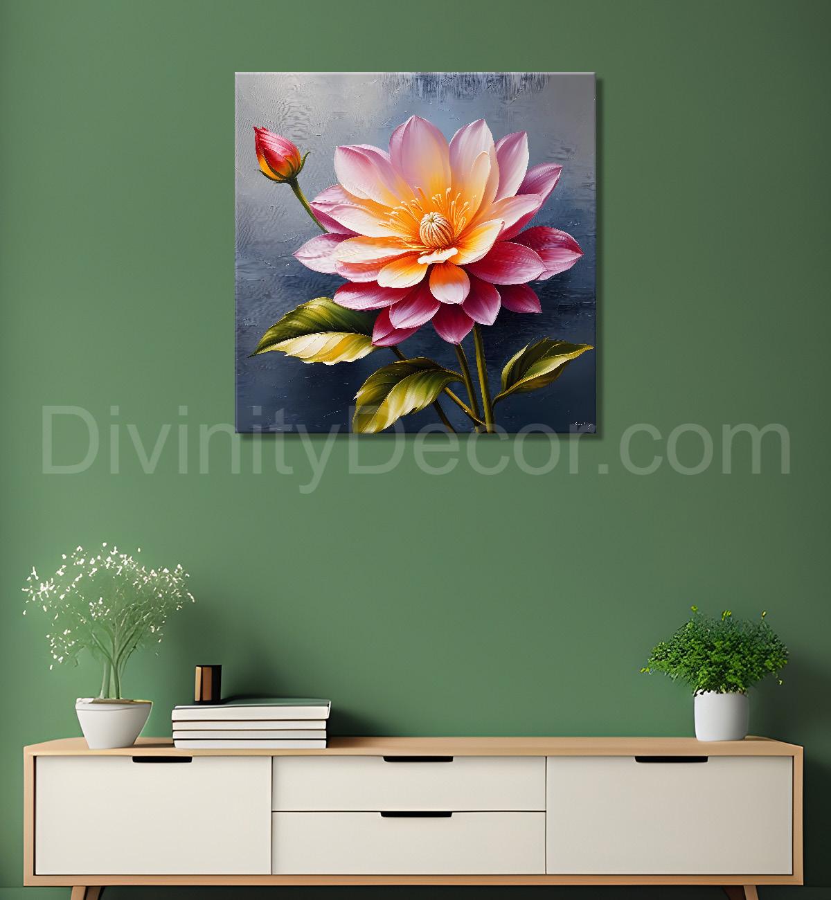 Pink flowers in grey textured painting  Flower-S-371