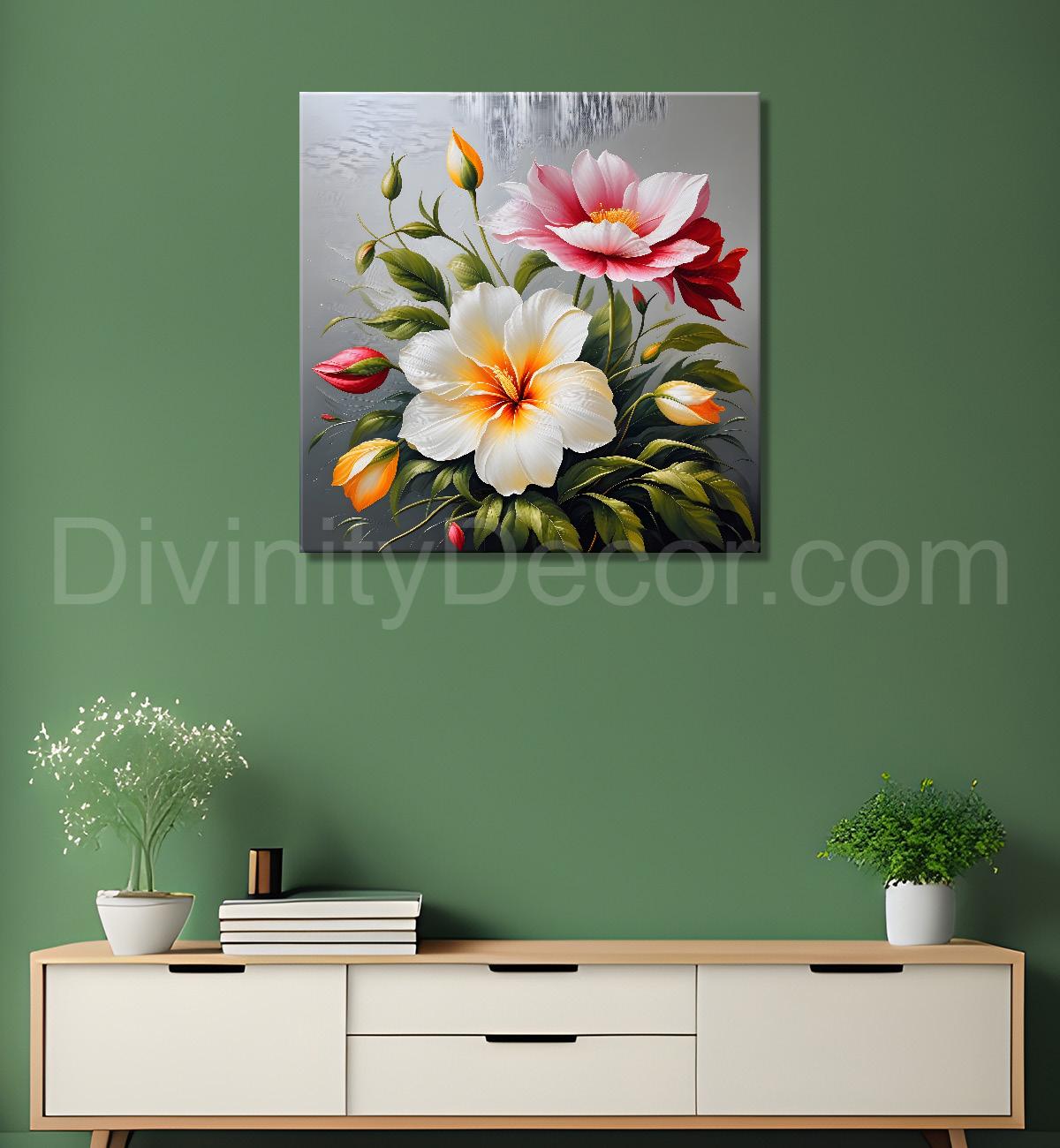 White and pink flower in textured oil painting   Flower-S-380