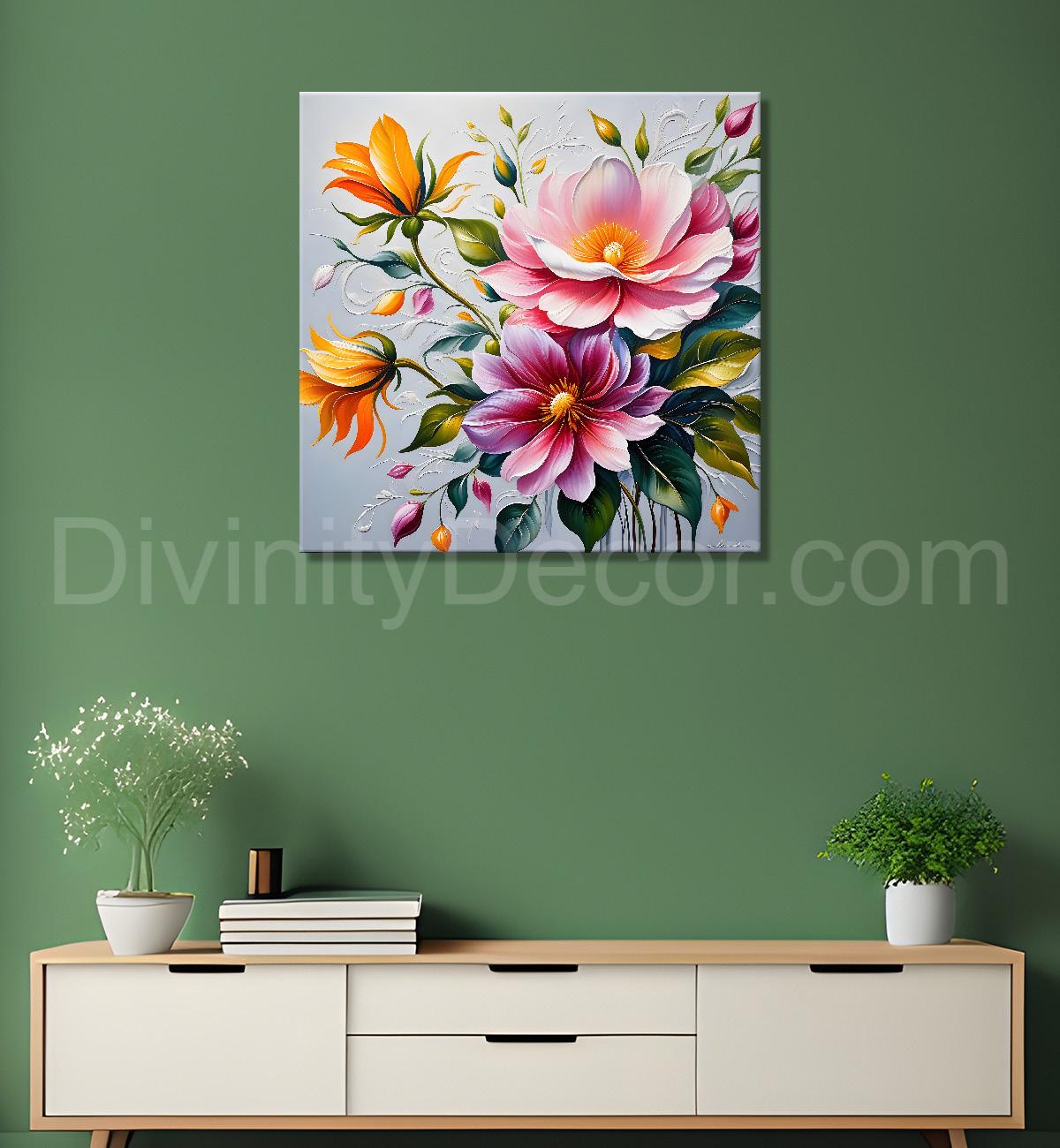 Pink flowers in textured painting   Flower-S-387