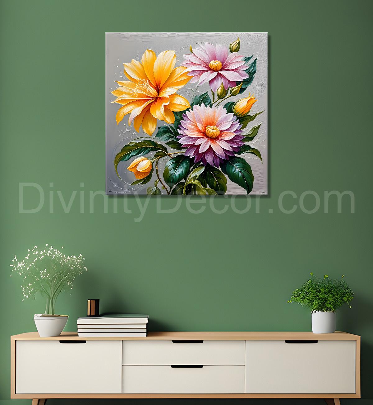 Yellow and pink flowers in textured oil painting - Flower-S-401