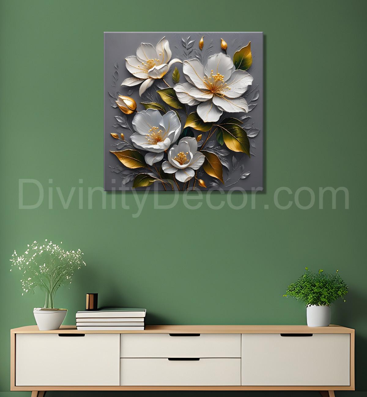 White flowers in grey textured oil painting - Flower-S-426