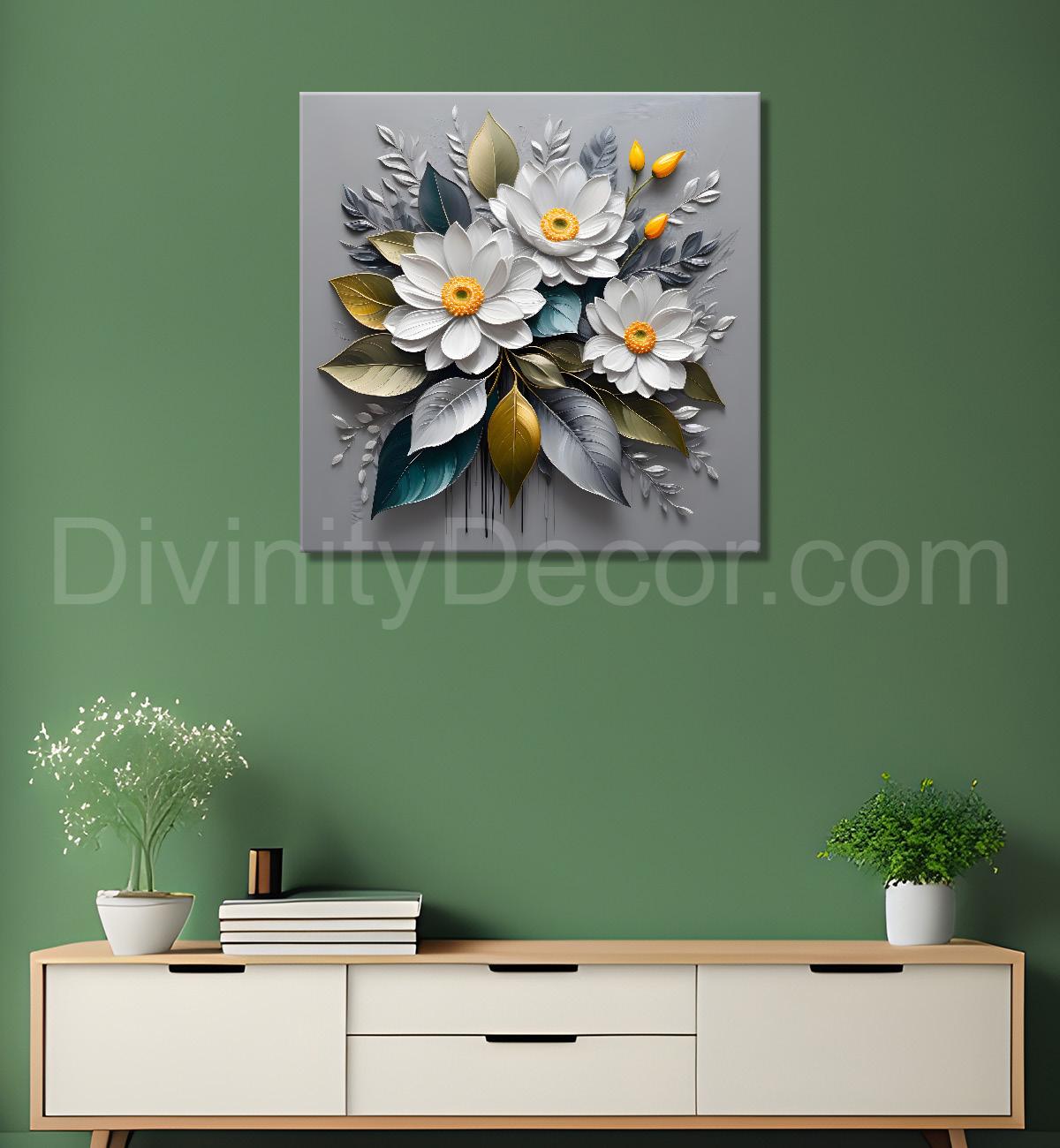 White flowers in grey textured oil painting - Flower-S-427