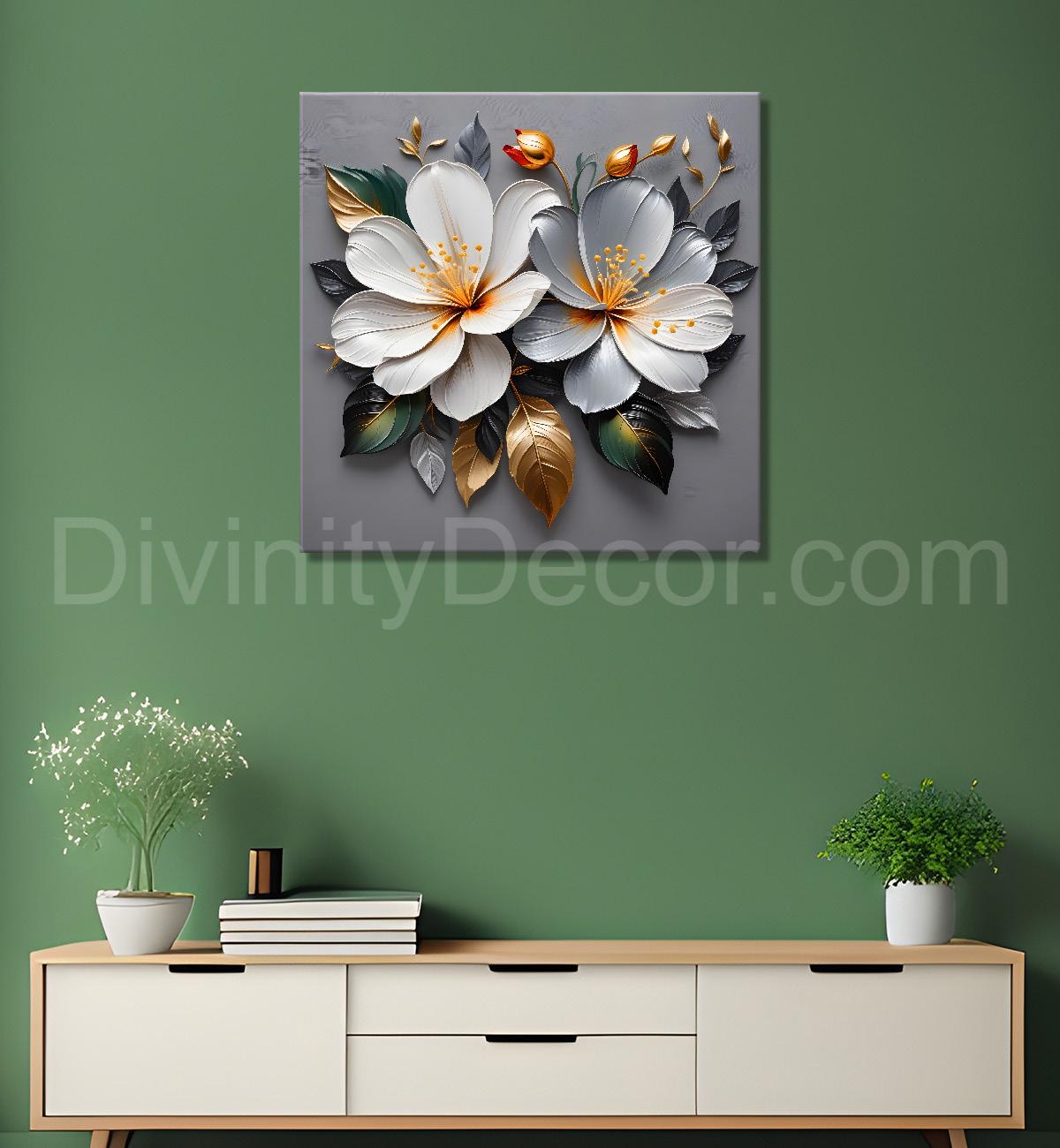 White flowers in grey textured oil painting - Flower-S-428