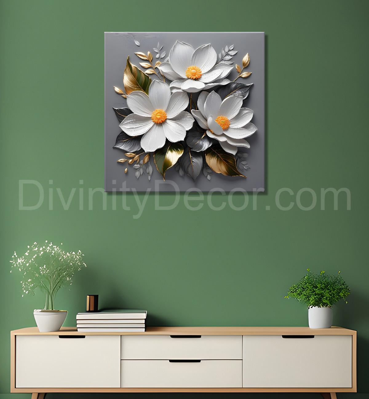 White flowers in grey textured oil painting - Flower-S-429
